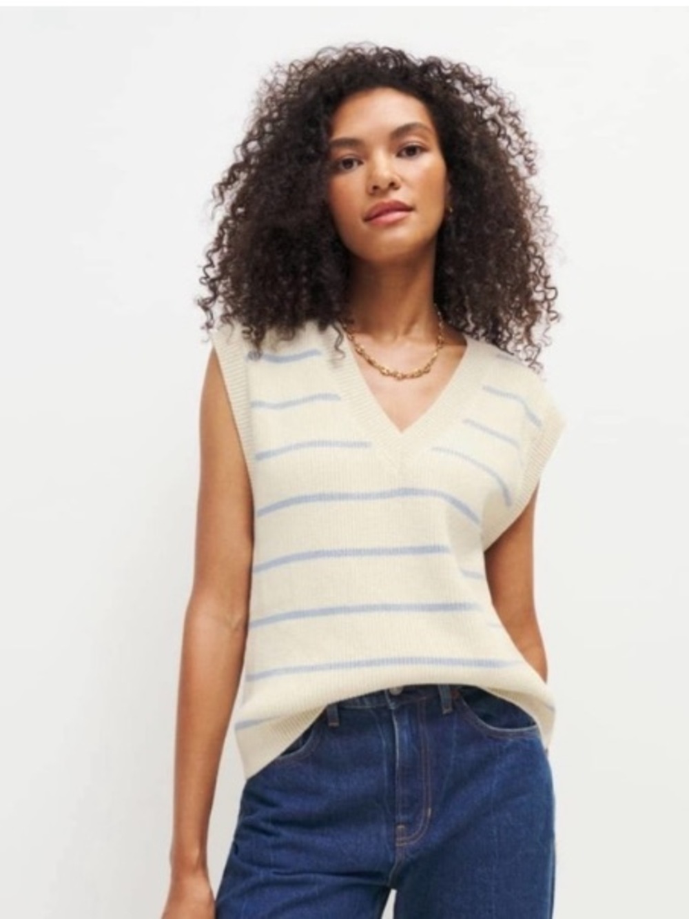 Reformation Janey Cotton Striped White and Blue Oversized Sweater Vest Medium